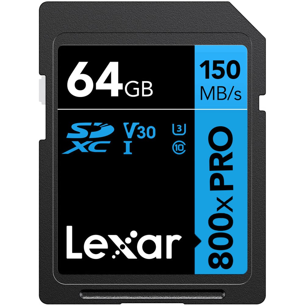 Lexar 64GB SDXC memory card with specifications on a white background