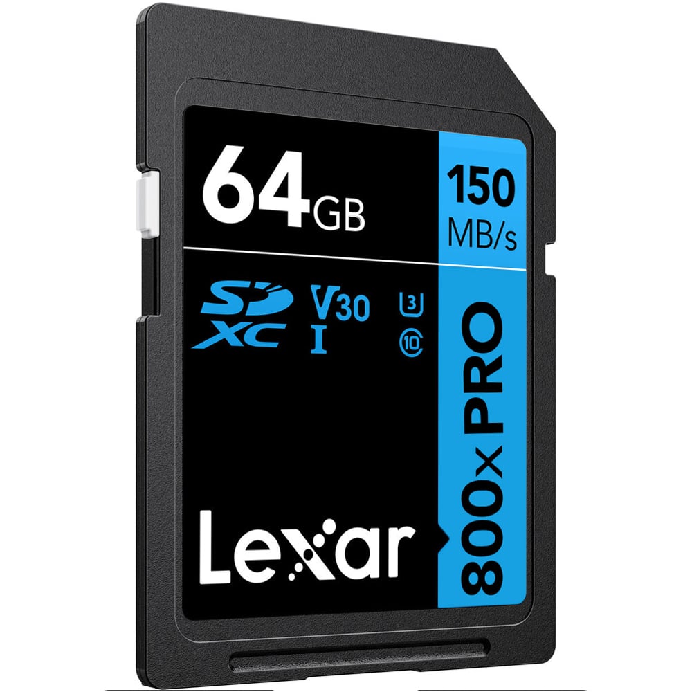 Lexar 64GB SD card with specifications on a white background