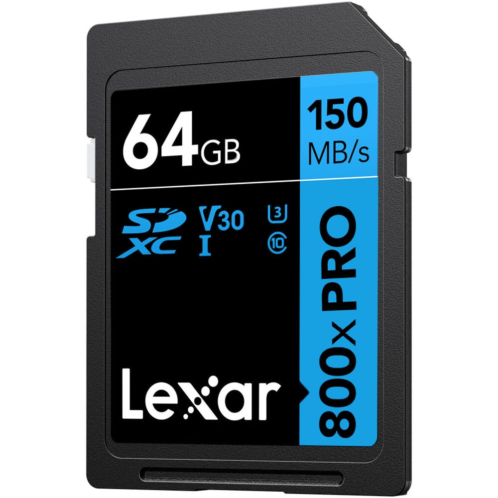 Lexar 64GB SD card with specifications on a white background