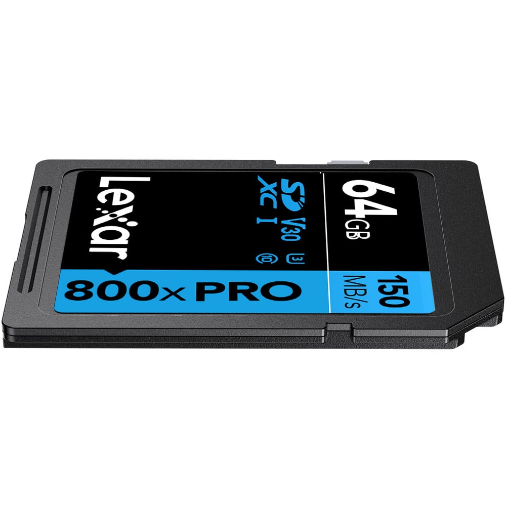 Lexar 64GB SD card with specifications on a white background