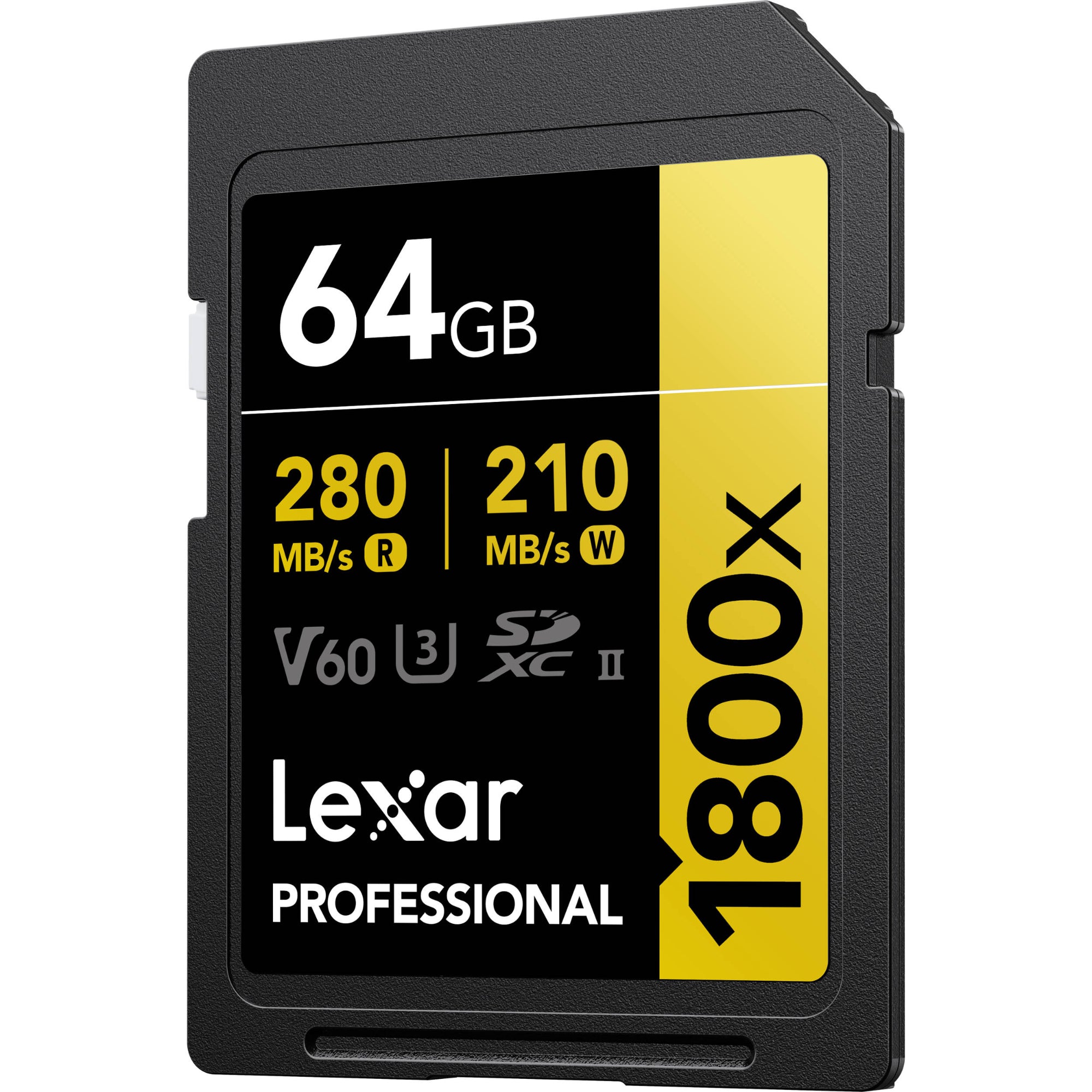 Store your videos and photos with this gold series Lexar 64GB Professional 1800x UHS-II Memory Card. Features a 280 MB/s read speed for fast transfers.