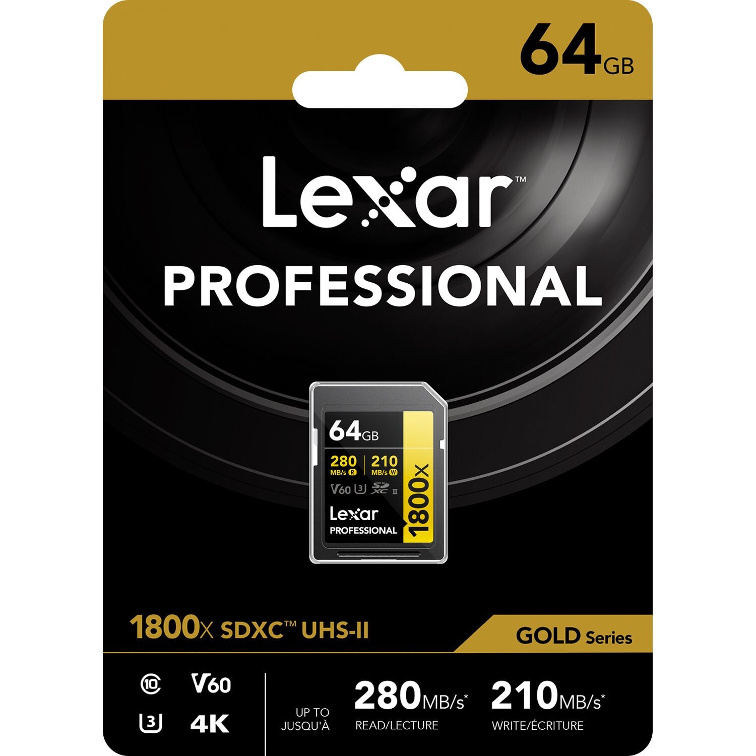 Store your videos and photos with this gold series Lexar 64GB Professional 1800x UHS-II Memory Card. Features a 280 MB/s read speed for fast transfers.