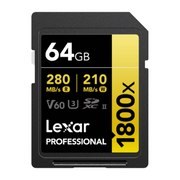 Store your videos and photos with this gold series Lexar 64GB Professional 1800x UHS-II Memory Card. Features a 280 MB/s read speed for fast transfers.
