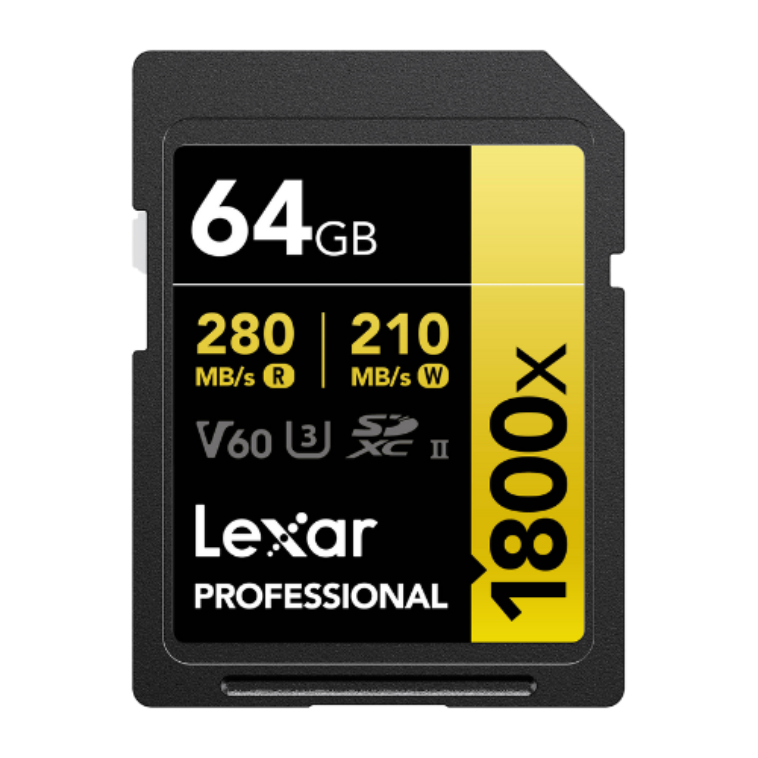 Store your videos and photos with this gold series Lexar 64GB Professional 1800x UHS-II Memory Card. Features a 280 MB/s read speed for fast transfers.