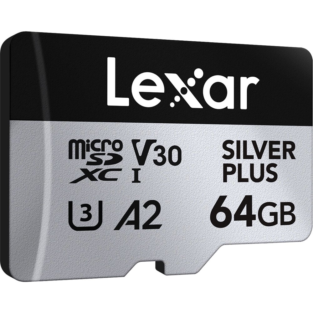 Lexar Professional Silver Plus microSDXC UHS-I Memory Card + SD Adaptor – dependable high-speed storage for 4K video, photos, and fast data transfers."
