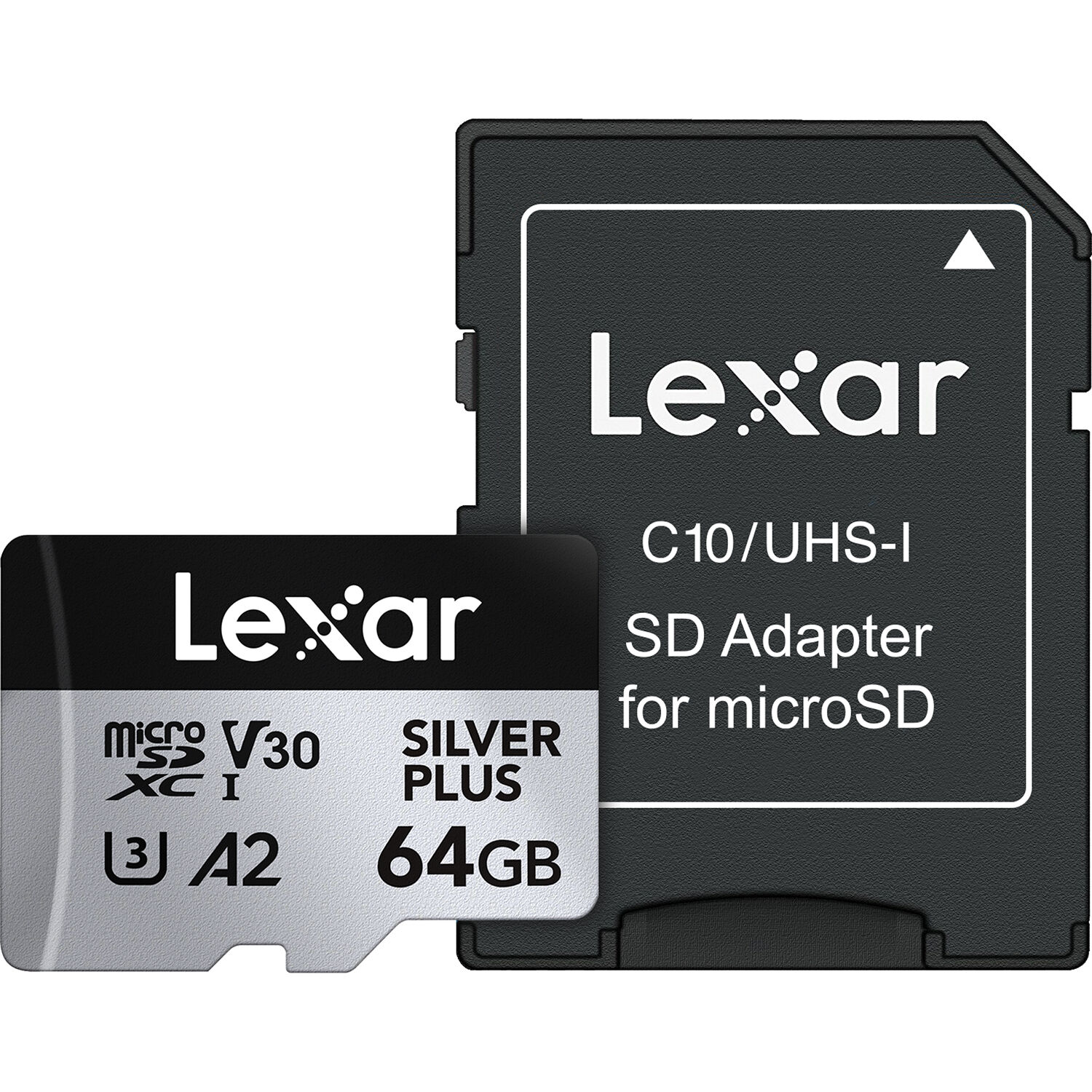 Lexar Professional Silver Plus microSDXC UHS-I Memory Card + SD Adaptor – dependable high-speed storage for 4K video, photos, and fast data transfers."
