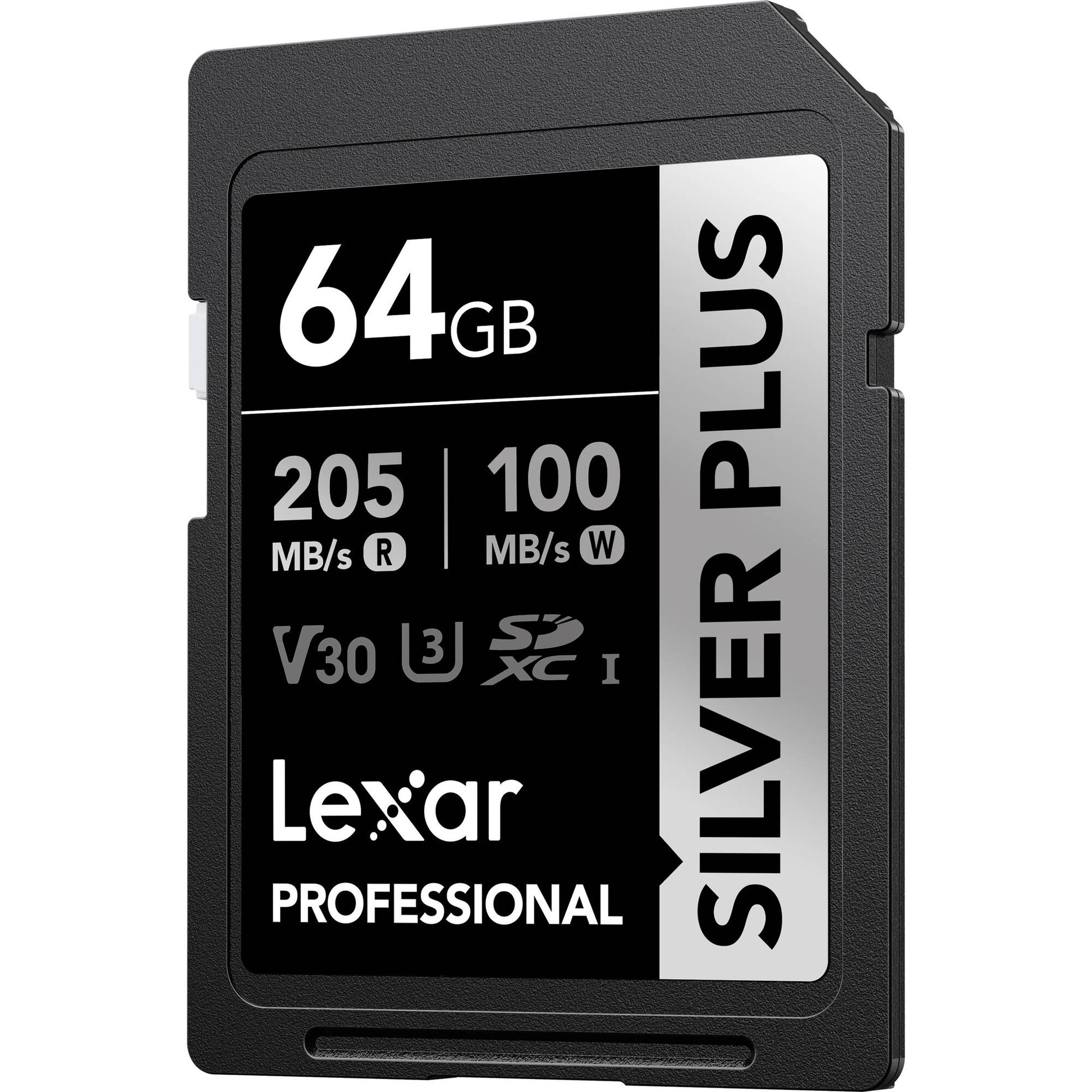 Lexar Professional Silver Plus 64GB SD card on a white background
