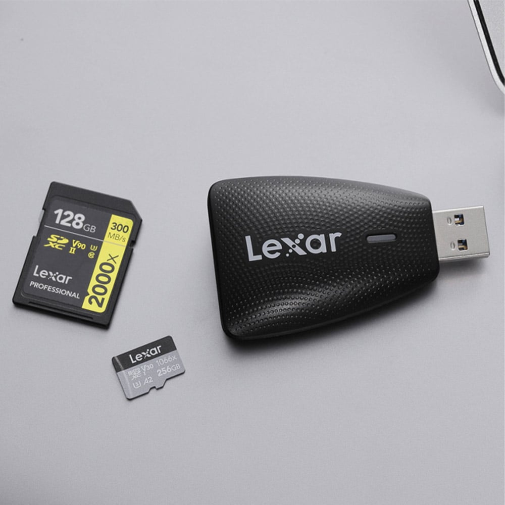 Lexar Multi-Card 2-in-1 USB 3.0 Reader – fast, efficient, and compatible with SD and microSD cards for quick photo and video transfers.