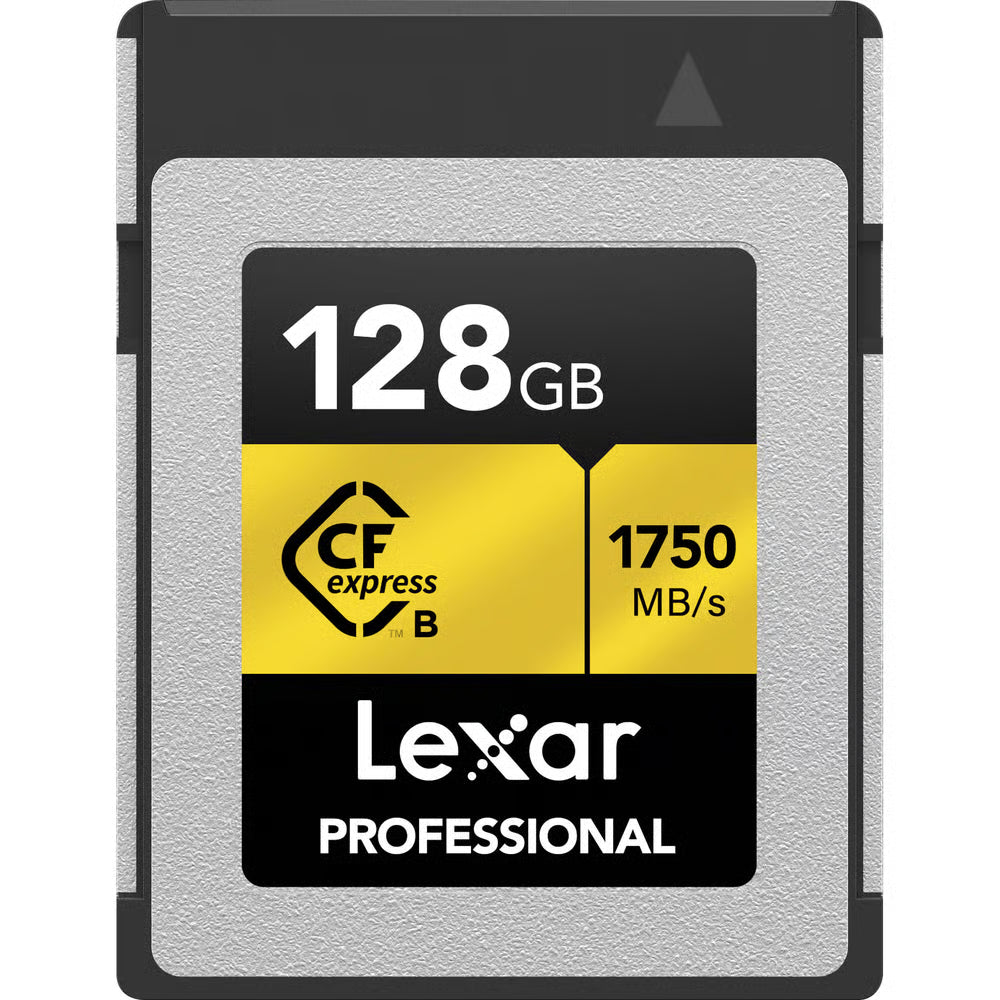 Lexar 128 GB CFexpress Type B Gold: blazing 1750 MB/s read, 1500 MB/s write, 1000 MB/s sustained; ideal for 8K video and burst photo work.