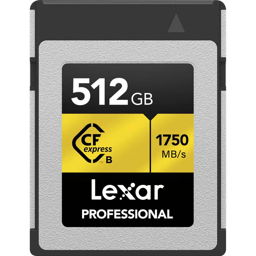 Lexar 512 GB CFexpress Type B Silver card with 1750 MB/s read and 1300 MB/s write speeds for 8K video, bursts and demanding workflows.