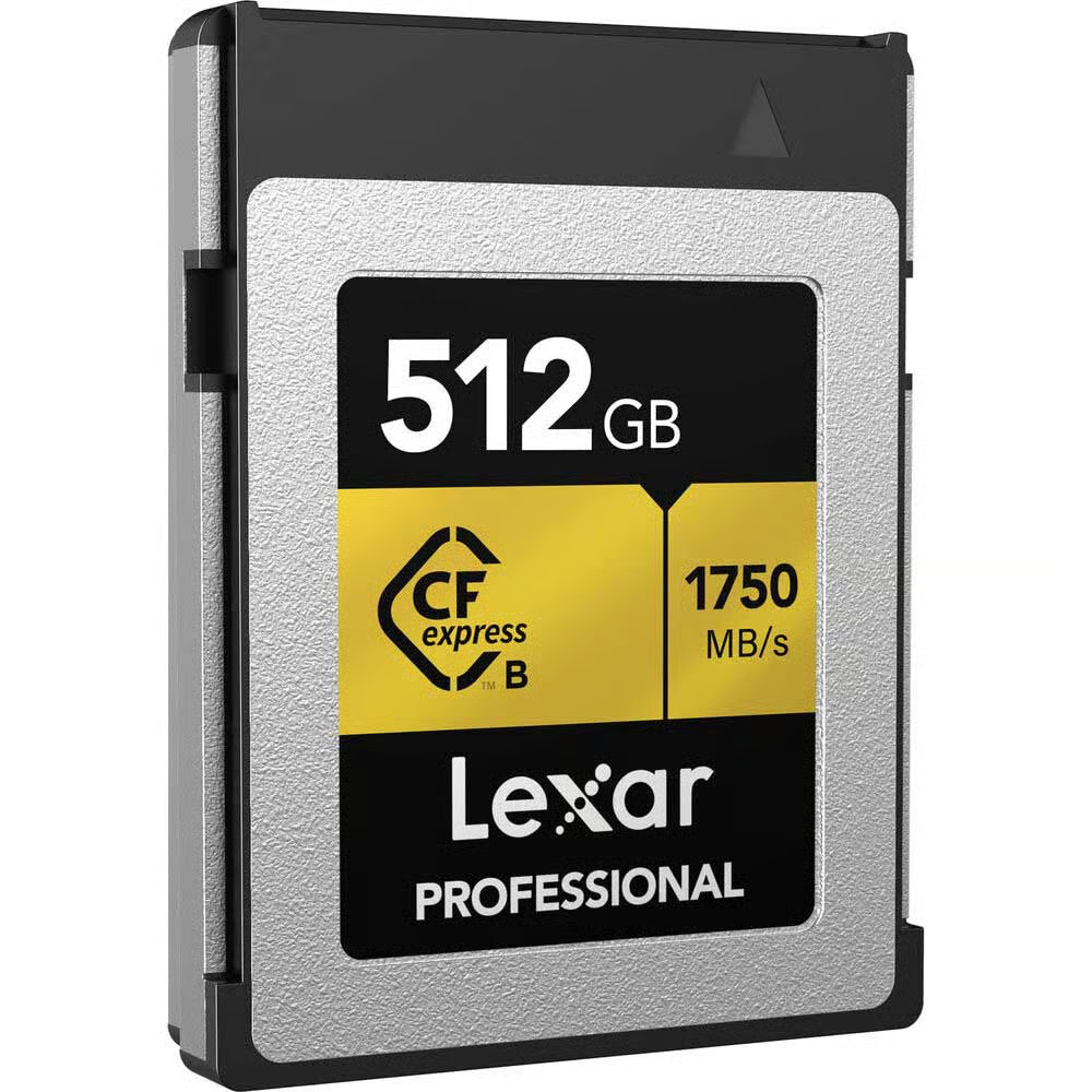 Lexar 512 GB CFexpress Type B Silver card with 1750 MB/s read and 1300 MB/s write speeds for 8K video, bursts and demanding workflows.