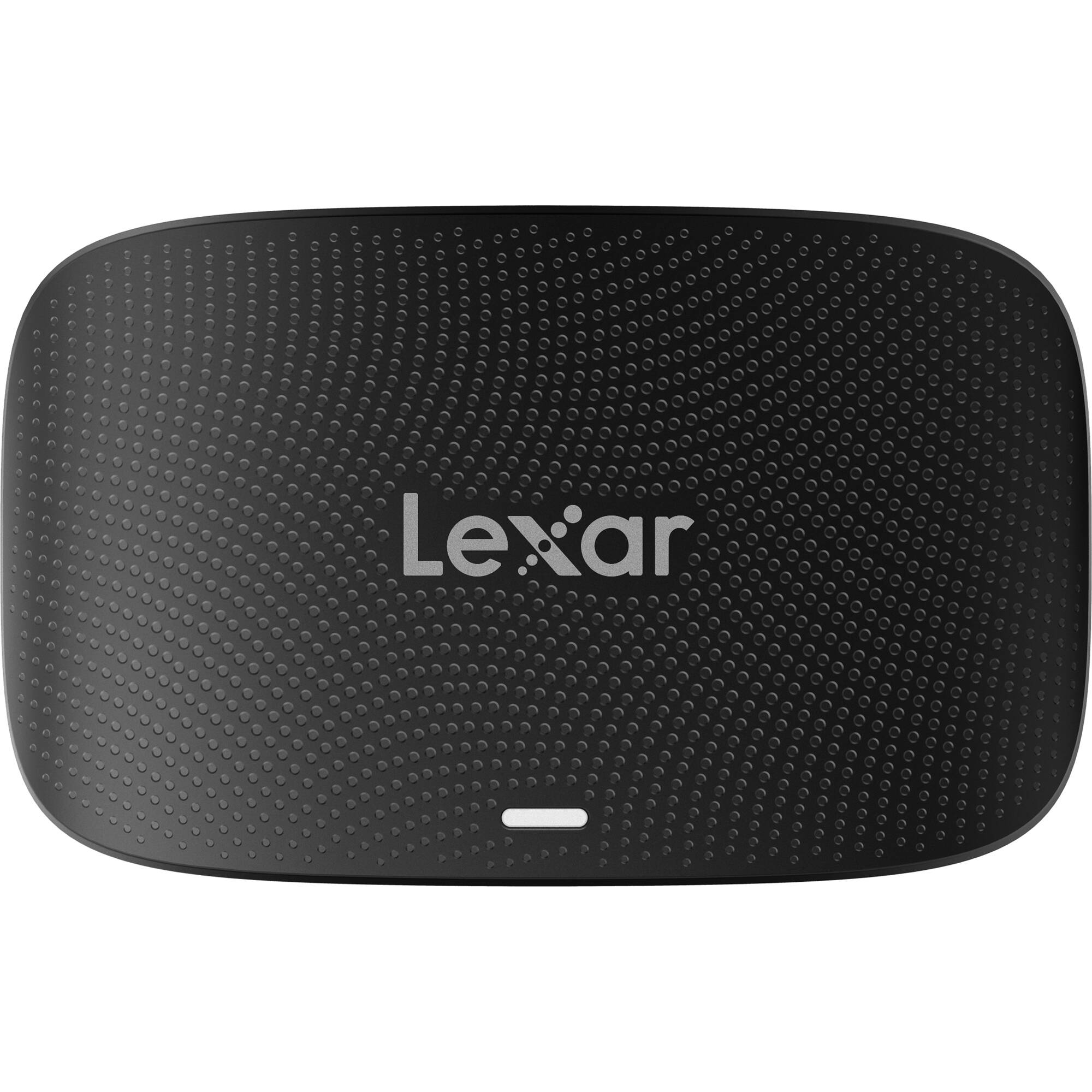 Black Lexar dual slot reader on a white background
