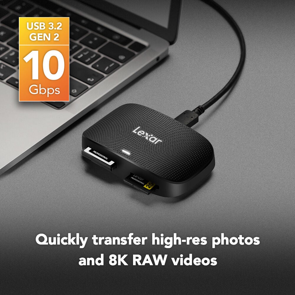 Lexar USB 3.2 Gen 2 device connected to a laptop on a gray surface.