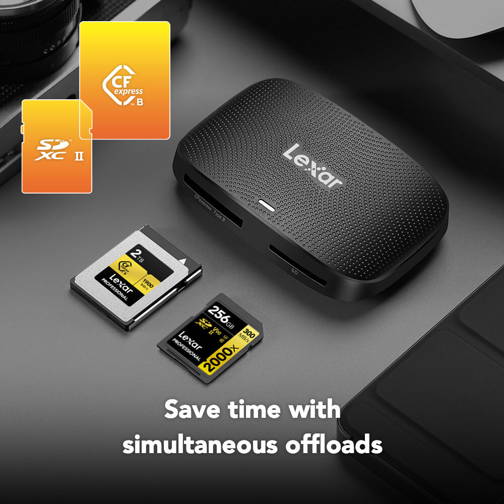 Lexar memory card reader with SD and CFexpress Type B cards on a dark surface