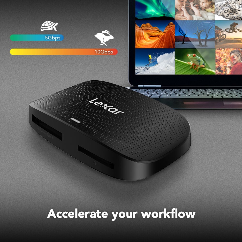 Lexar USB drive with laptop displaying images, speed indicators, and text 'Accelerate your workflow'.