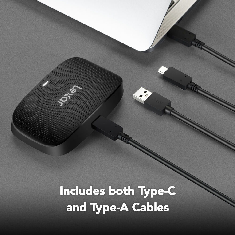 Black USB hub with Type-C and Type-A cables on a gray surface, featuring the Lexar brand.