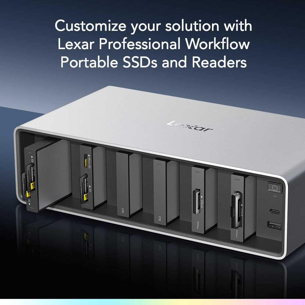 The Lexar Professional Workflow Dock delivers lightning-fast 40Gb/s Thunderbolt 4 connectivity for seamless and high-speed data transfer.