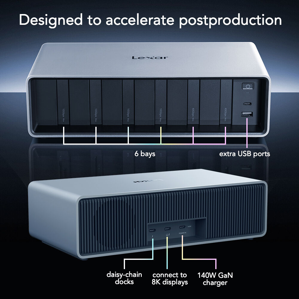 The Lexar Professional Workflow Dock delivers lightning-fast 40Gb/s Thunderbolt 4 connectivity for seamless and high-speed data transfer.