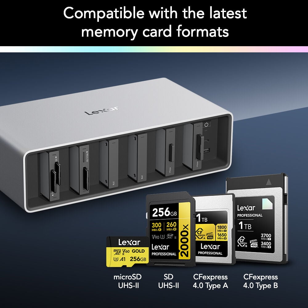 The Lexar Professional Workflow Dock delivers lightning-fast 40Gb/s Thunderbolt 4 connectivity for seamless and high-speed data transfer.