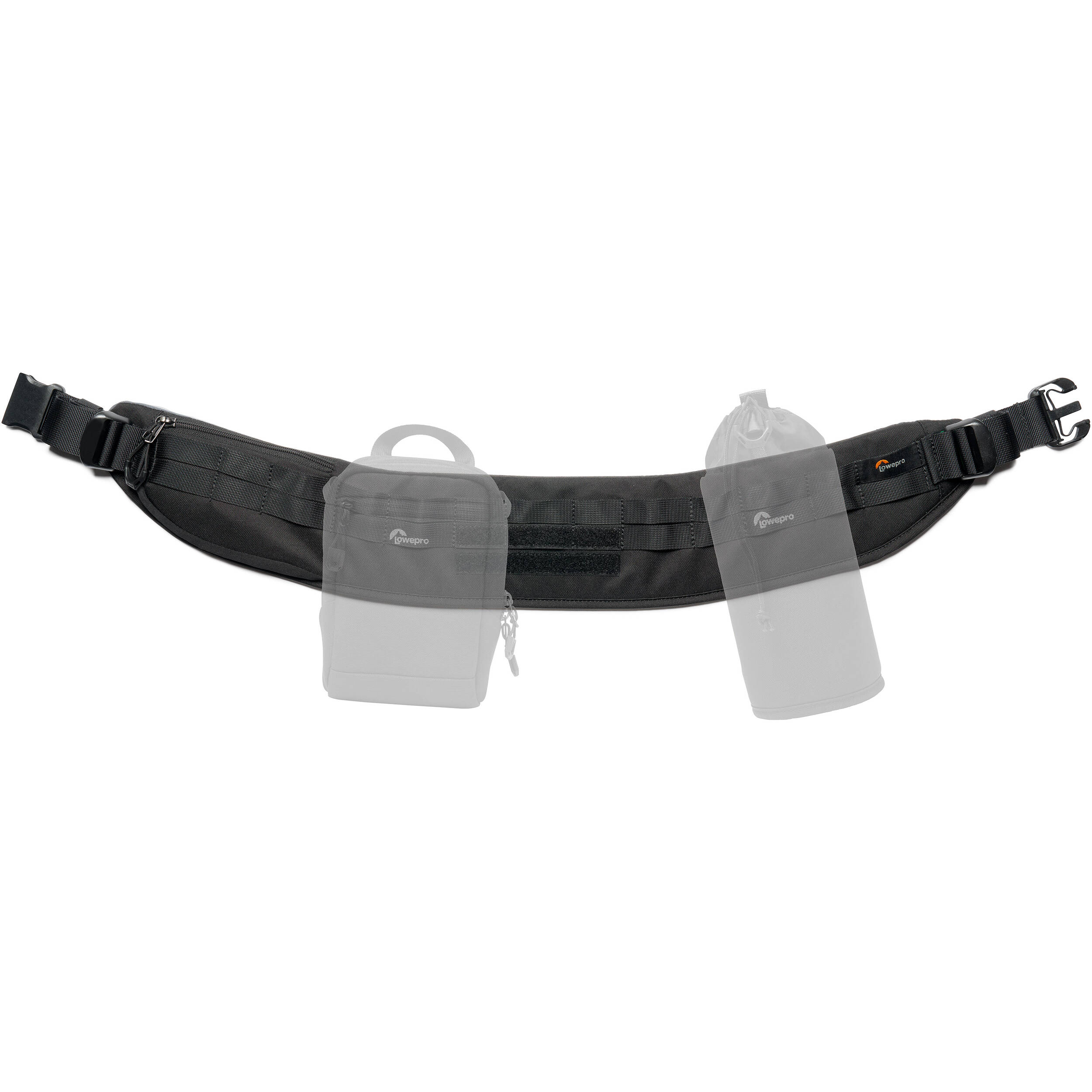 Lowepro ProTactic Utility Belt III in black, fits waists 76-148 cm, holds up to seven SlipLock pouches, includes deployable drawstring pocket for lens swaps or 1L water bottle, made with 92% recycled fabric for durability and comfort.