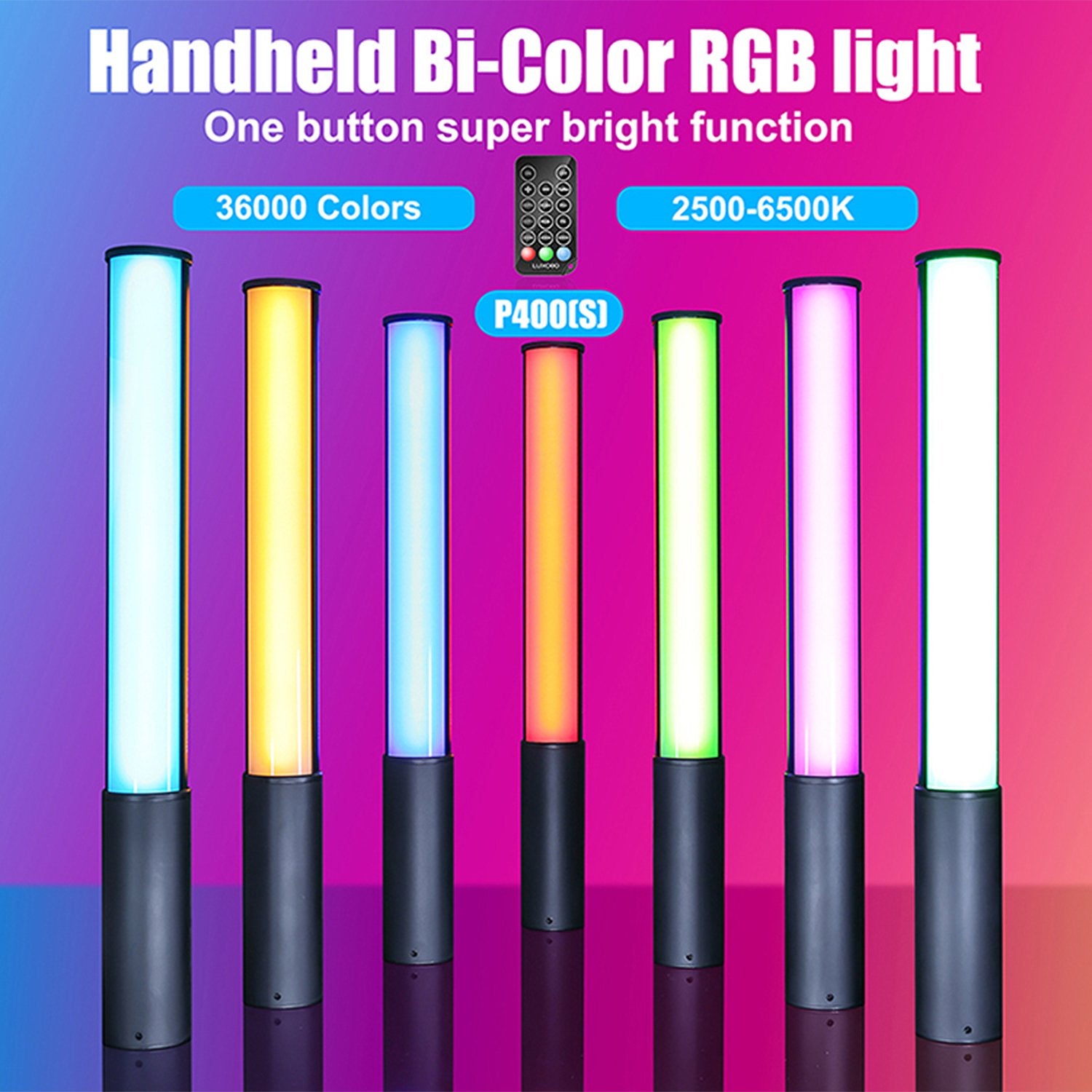 LUXCEO P400S RGB LED Video Light Stick – 40cm handheld tube with 36,000+ color options, adjustable 2500K–6500K temperature, 12 lighting effects, OLED display, 1/4" thread, remote control, 1.6–75 hours runtime, USB-C charging.