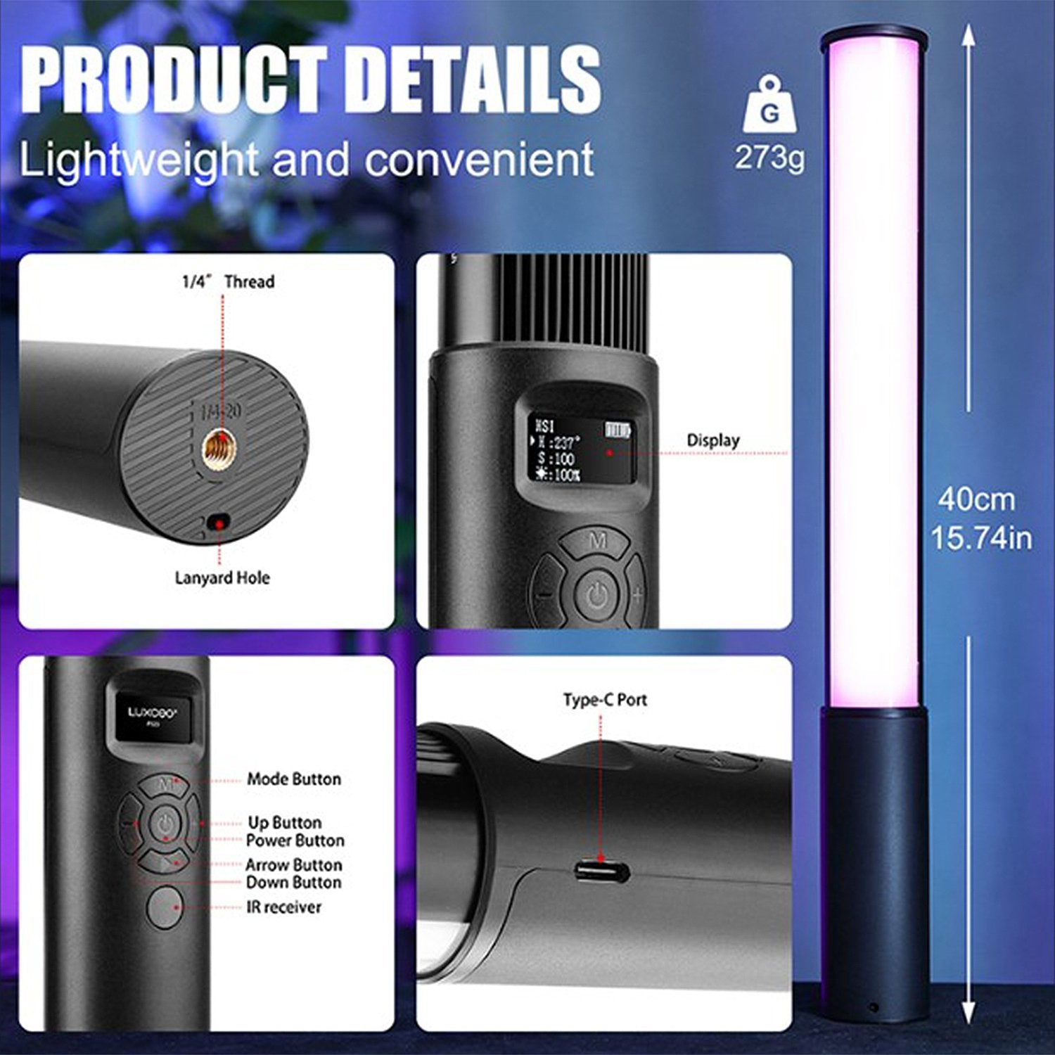 LUXCEO P400S RGB LED Video Light Stick – 40cm handheld tube with 36,000+ color options, adjustable 2500K–6500K temperature, 12 lighting effects, OLED display, 1/4" thread, remote control, 1.6–75 hours runtime, USB-C charging.