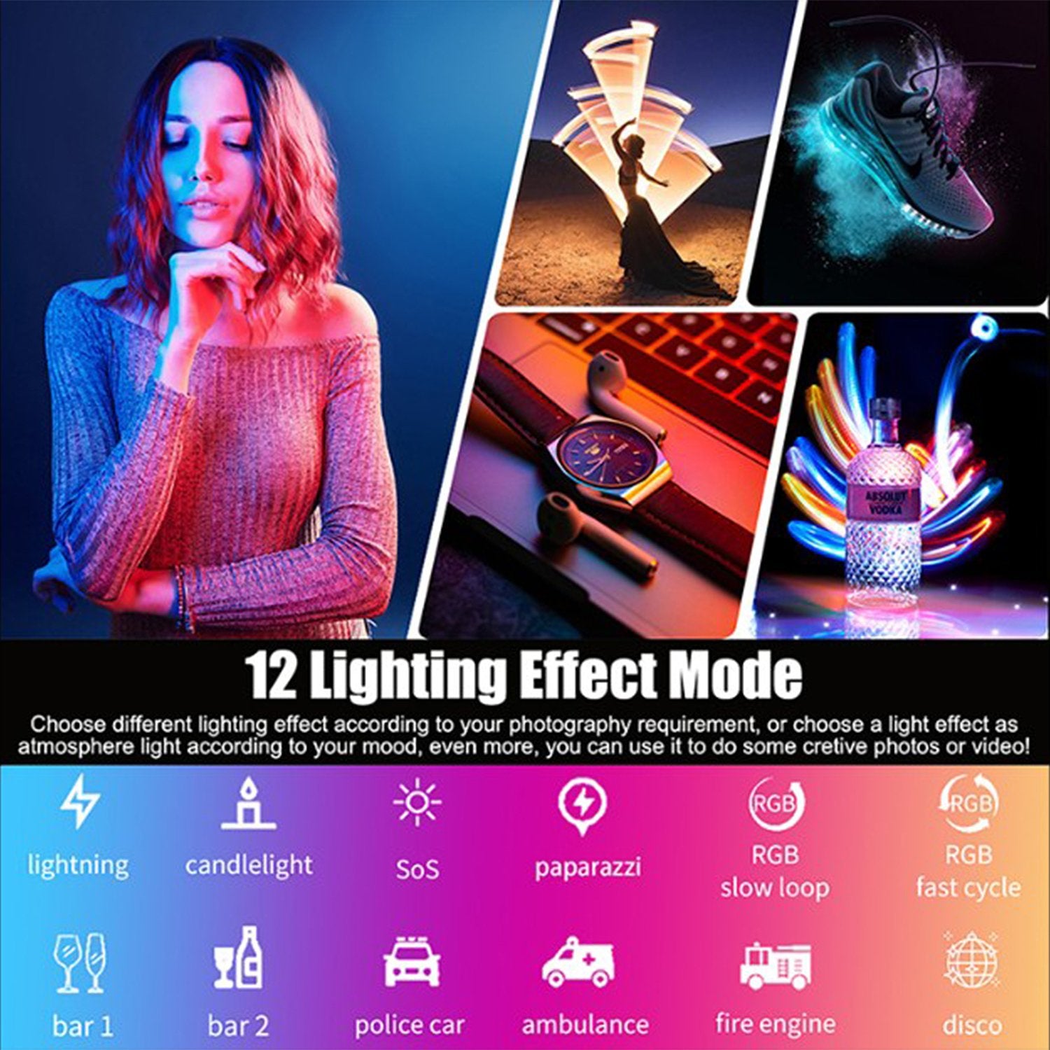 LUXCEO P400S RGB LED Video Light Stick – 40cm handheld tube with 36,000+ color options, adjustable 2500K–6500K temperature, 12 lighting effects, OLED display, 1/4" thread, remote control, 1.6–75 hours runtime, USB-C charging.