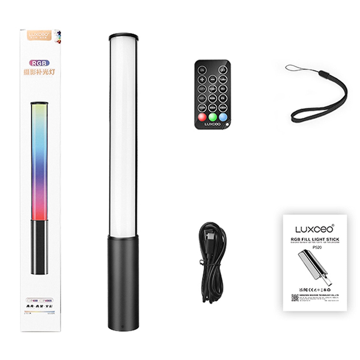 LUXCEO P400S RGB LED Video Light Stick – 40cm handheld tube with 36,000+ color options, adjustable 2500K–6500K temperature, 12 lighting effects, OLED display, 1/4" thread, remote control, 1.6–75 hours runtime, USB-C charging.