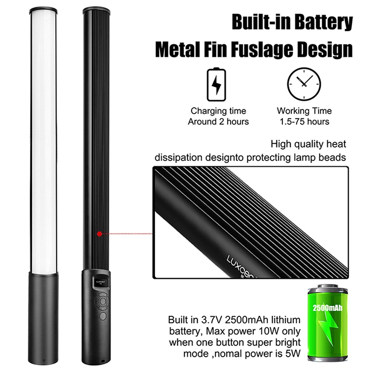 LUXCEO P400S RGB LED Video Light Stick – 40cm handheld tube with 36,000+ color options, adjustable 2500K–6500K temperature, 12 lighting effects, OLED display, 1/4" thread, remote control, 1.6–75 hours runtime, USB-C charging.
