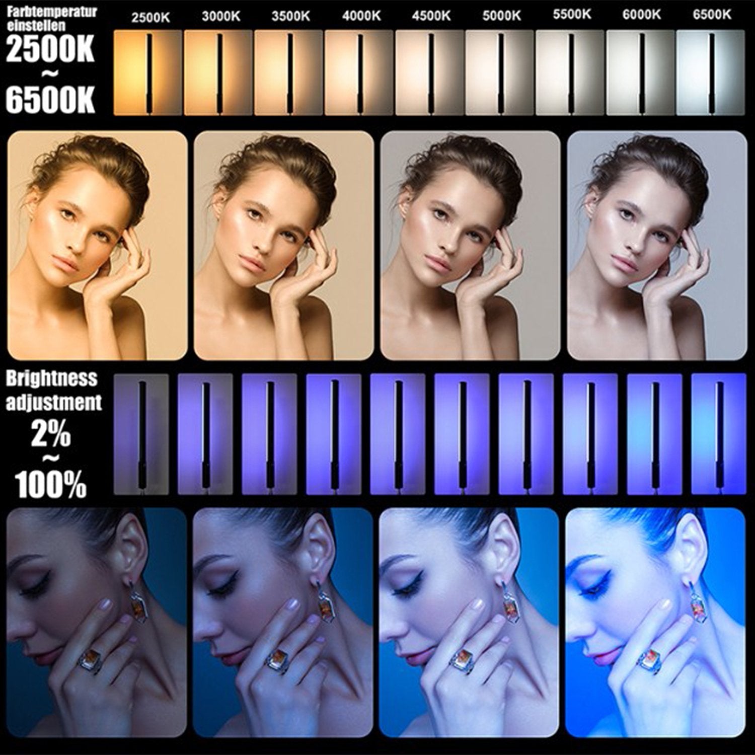 LUXCEO P400S RGB LED Video Light Stick – 40cm handheld tube with 36,000+ color options, adjustable 2500K–6500K temperature, 12 lighting effects, OLED display, 1/4" thread, remote control, 1.6–75 hours runtime, USB-C charging.