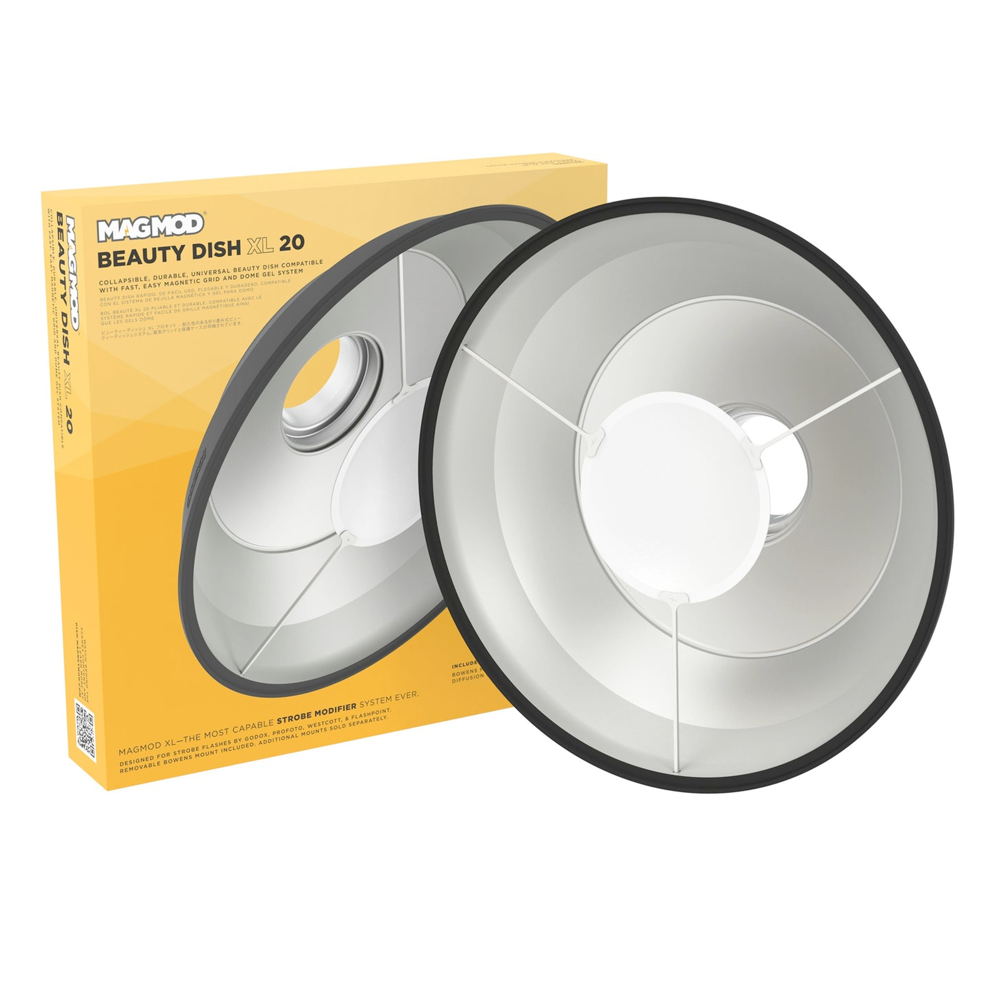 MagMod Beauty Dish XL 20 – Collapsible 20-inch beauty dish with highly reflective interior, magnetic modular design, compatible with multiple Dome Gels, diffusion sock included, portable and durable construction.