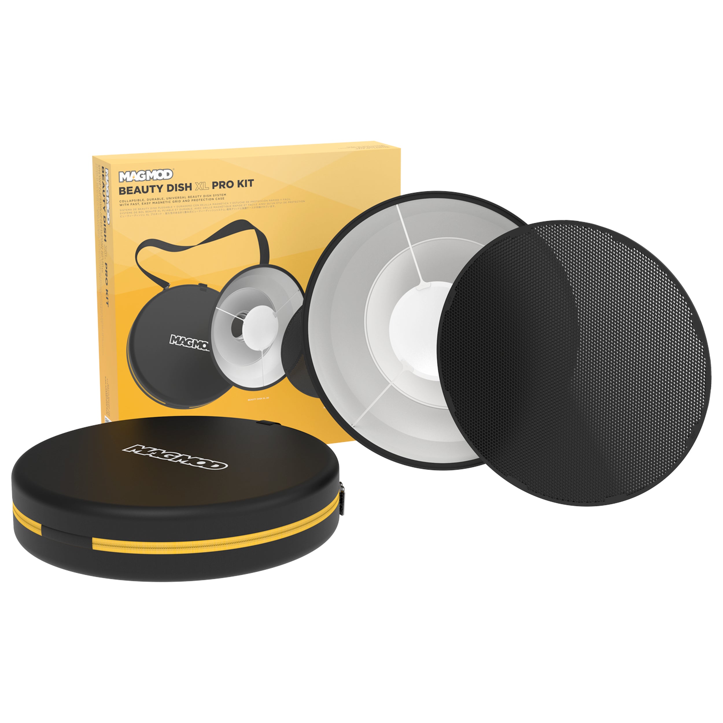 MagMod Beauty Dish XL Pro Kit – Collapsible 20-inch silicone beauty dish with magnetic modular design, 40° beam angle grid, diffusion sock, Bowens mount adapter, and semi-hard carry case with strap for portable studio lighting.