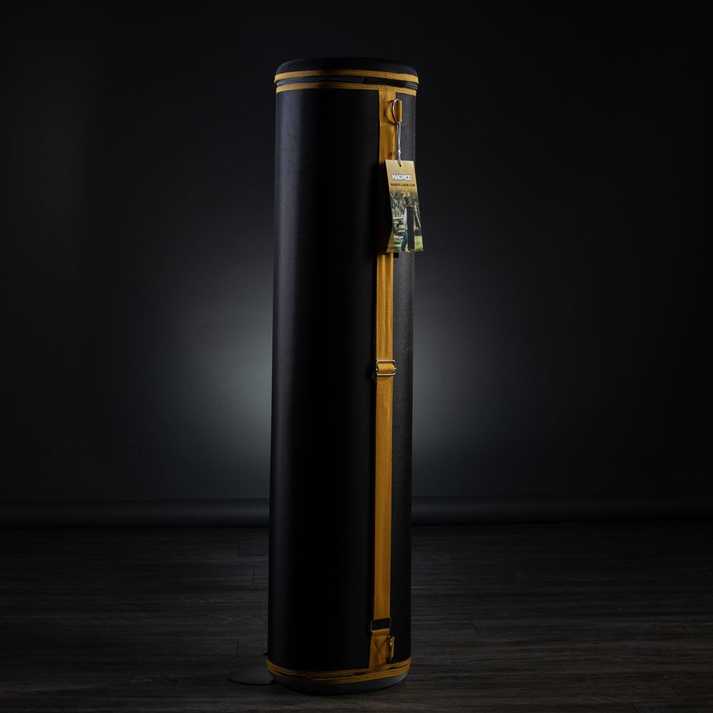MagMod MagBox Large Case — tall cylindrical black travel case with padded sides, hard top and bottom to protect multiple MagBox softboxes and accessories.