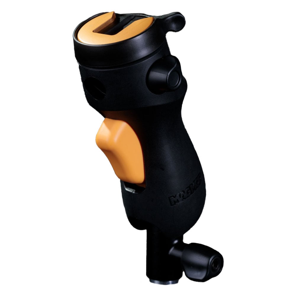 MagMod MagShoe 2 universal cold shoe bracket – ergonomic grip with orange release lever, locking mechanism for one-handed flash or modifier mounting.
