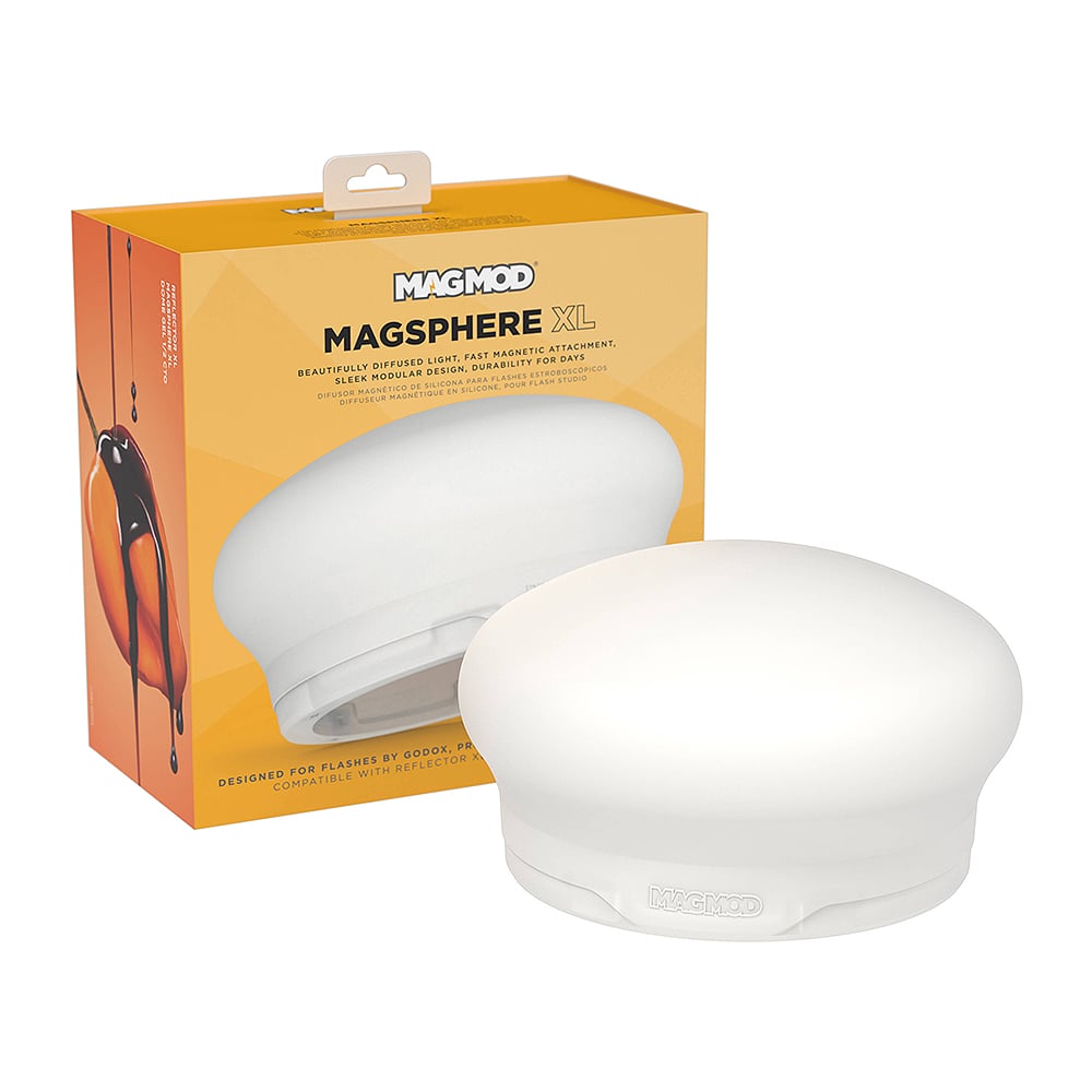 The MagMod MagSphere XL is a soft, diffused light modifier for photographers, made of durable and flexible silicone, that magnetically attaches to a strobe or LED light.