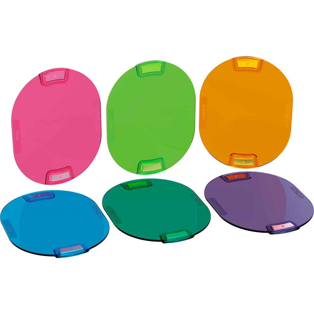 MagMod Pro Artistic Gels – set of six rigid polycarbonate gels in pink, amber, lime, aqua, cyan, and lavender; stackable with embedded magnets for quick attachment to MagMod flash modifiers.