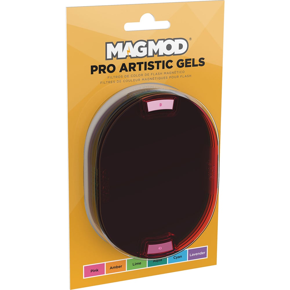 MagMod Pro Artistic Gels – set of six rigid polycarbonate gels in pink, amber, lime, aqua, cyan, and lavender; stackable with embedded magnets for quick attachment to MagMod flash modifiers.