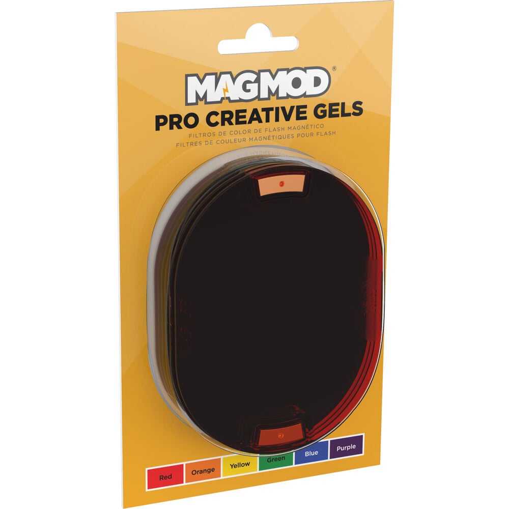 MagMod Pro Creative Gels – set of six rigid polycarbonate gels in red, yellow, orange, green, blue, and purple; stackable with embedded magnets for quick attachment to MagMod flash modifiers.