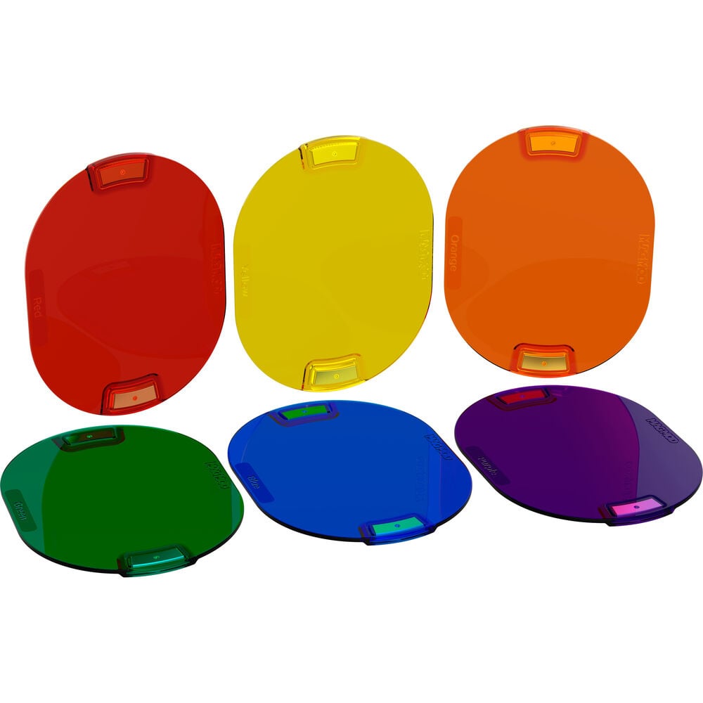MagMod Pro Creative Gels – set of six rigid polycarbonate gels in red, yellow, orange, green, blue, and purple; stackable with embedded magnets for quick attachment to MagMod flash modifiers.