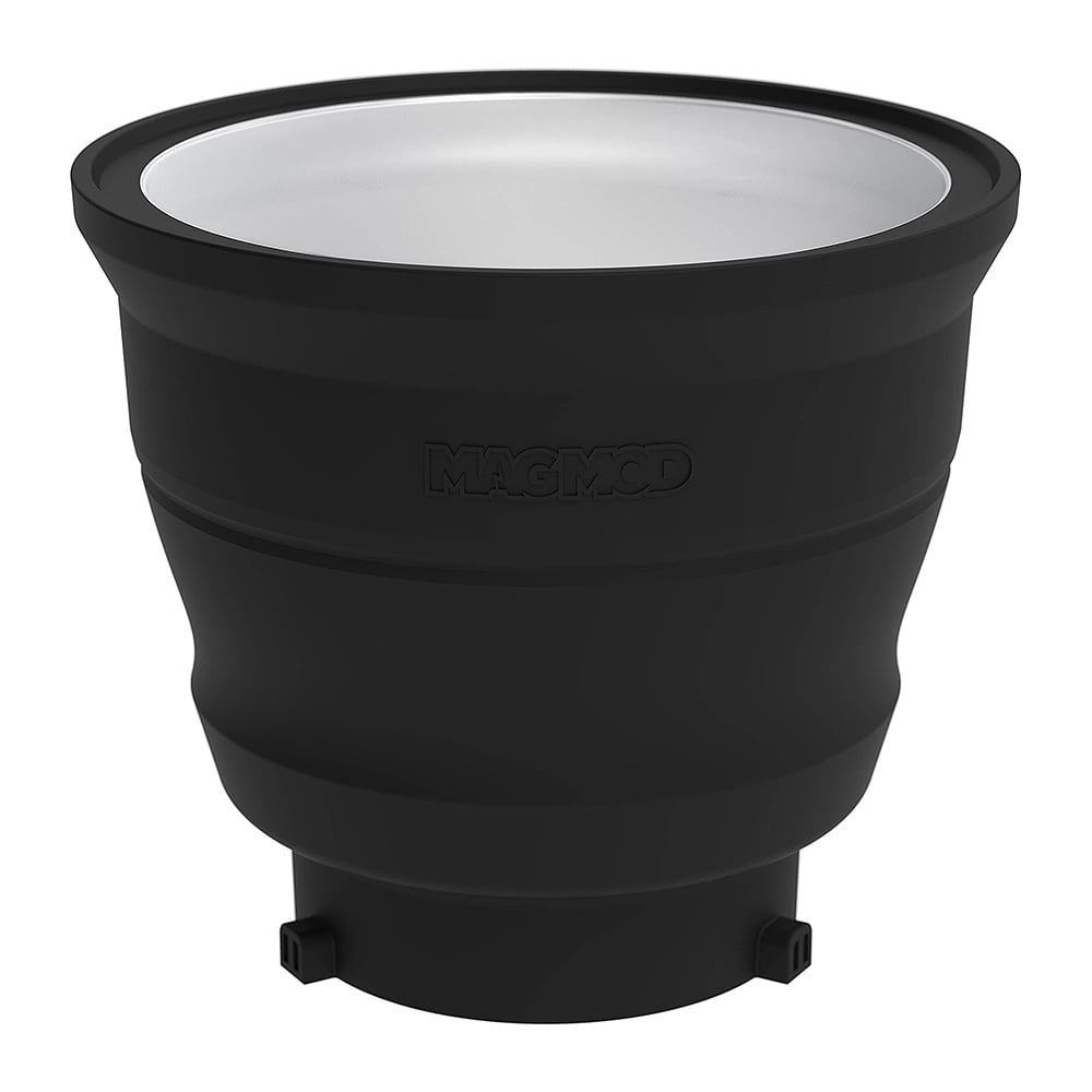 The MagMod Reflector XL is a collapsible, gelable, and magnetic reflector for strobe flashes, featuring a highly-reflective interior and a durable construction, optimized for controlling light and color.
