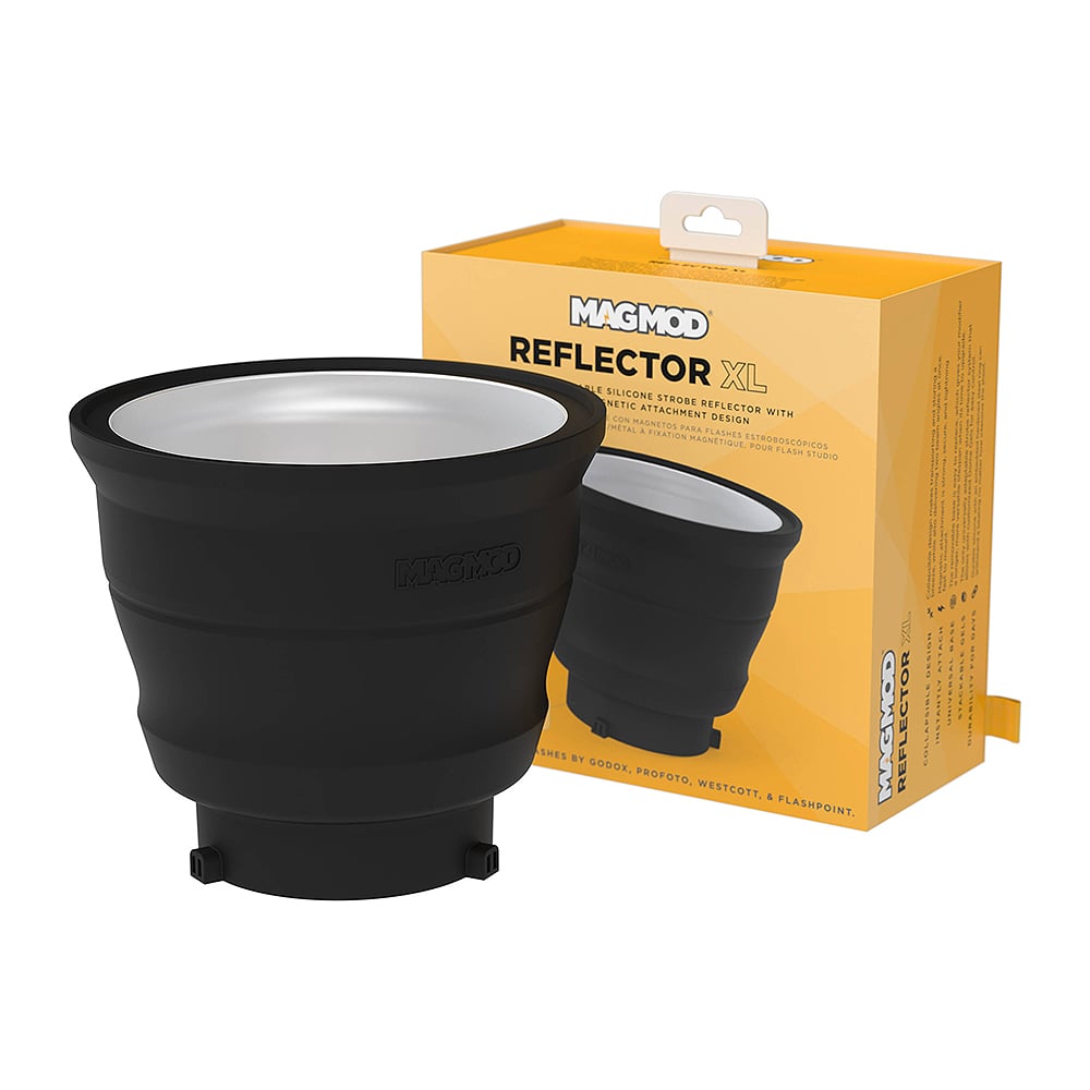 The MagMod Reflector XL is a collapsible, gelable, and magnetic reflector for strobe flashes, featuring a highly-reflective interior and a durable construction, optimized for controlling light and color.