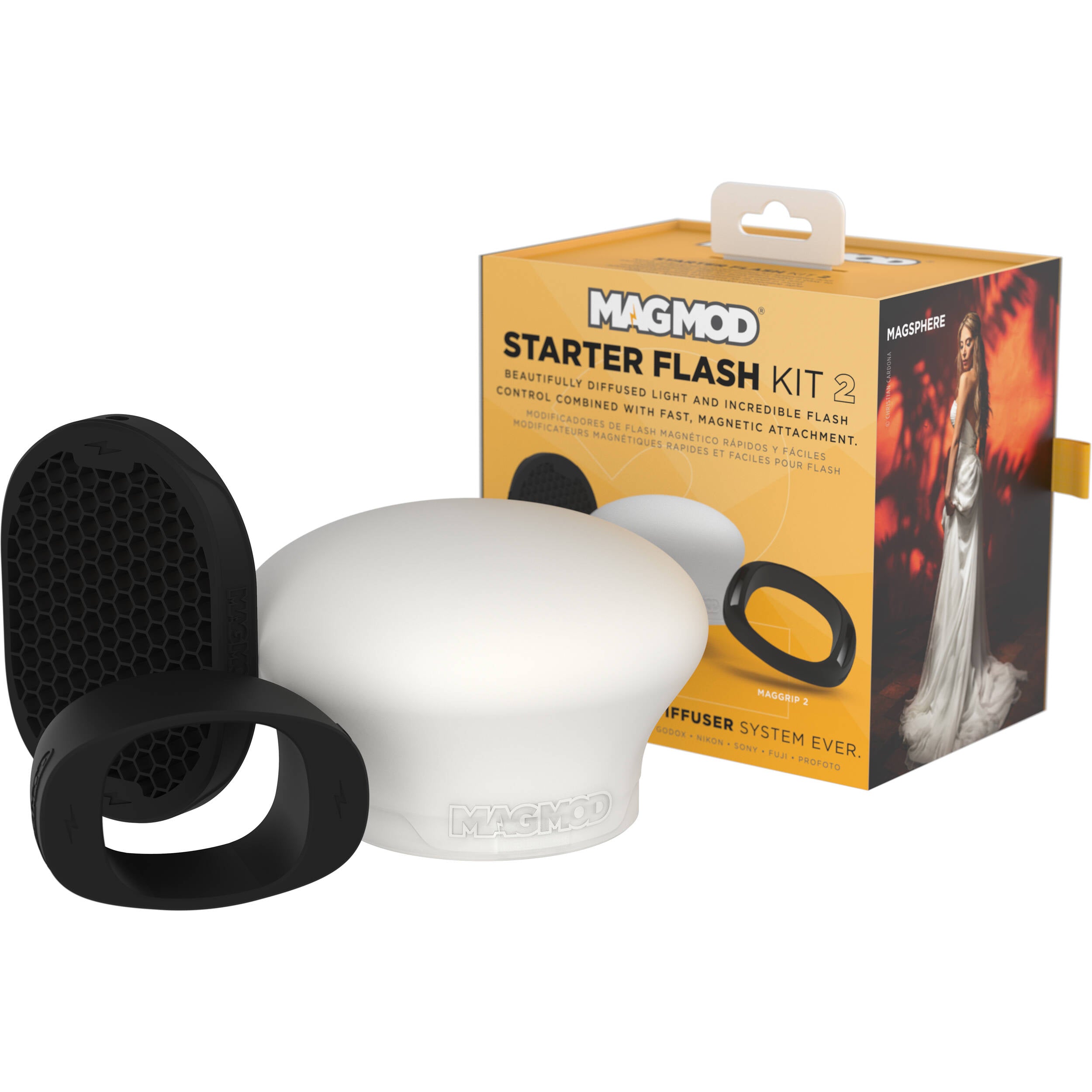 MagMod Starter Flash Kit 2 includes MagGrid 2, MagSphere 2, and MagGrip 2 for versatile, magnetic flash light shaping and control.