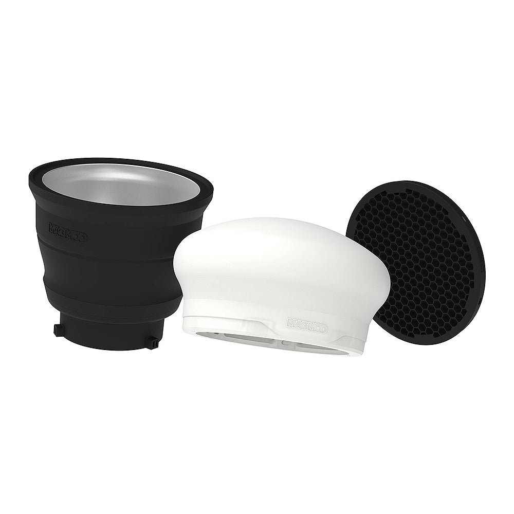 MagMod XL Starter Strobe Kit — includes Reflector XL, MagSphere XL, and 40° MagGrid XL.