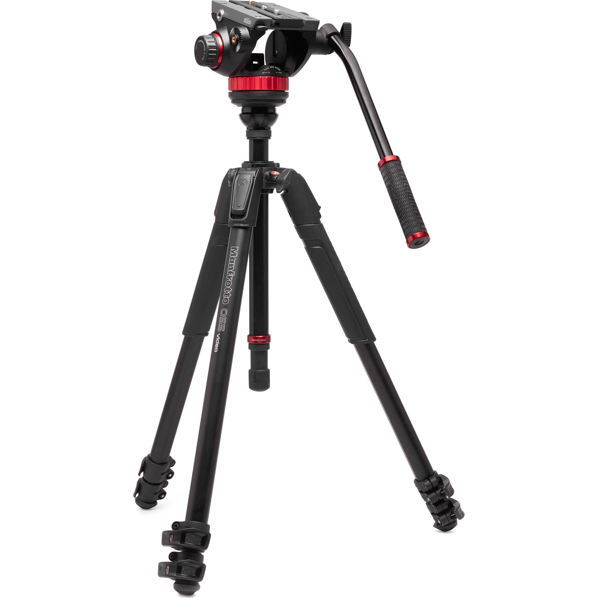 Manfrotto 3-Section 055 Aluminium Video Tripod with 502 Fluid Head, showing tripod legs, fluid head, and accessory mounts.