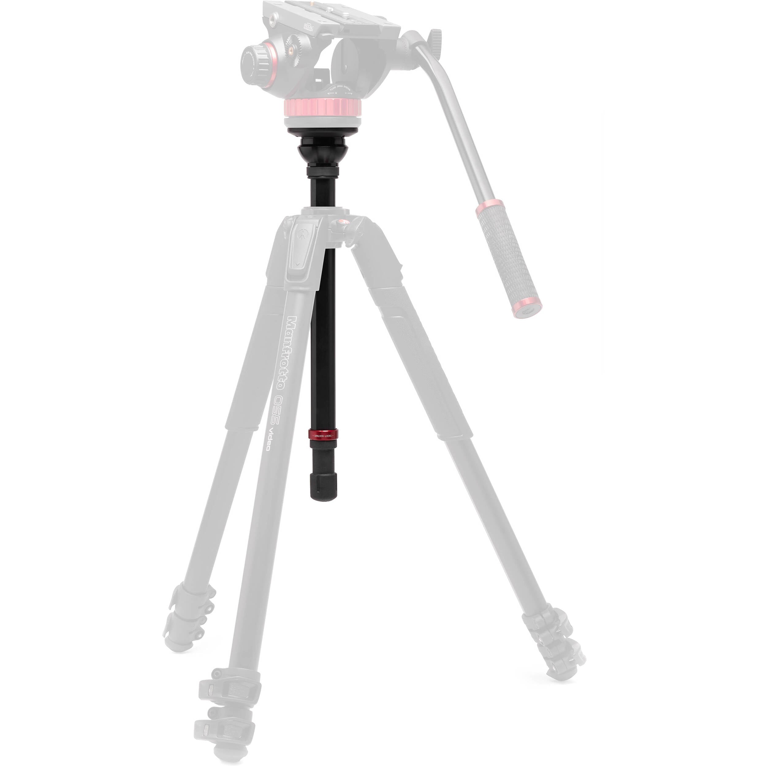 Manfrotto 3-Section 055 Aluminium Video Tripod with 502 Fluid Head, showing tripod legs, fluid head, and accessory mounts.