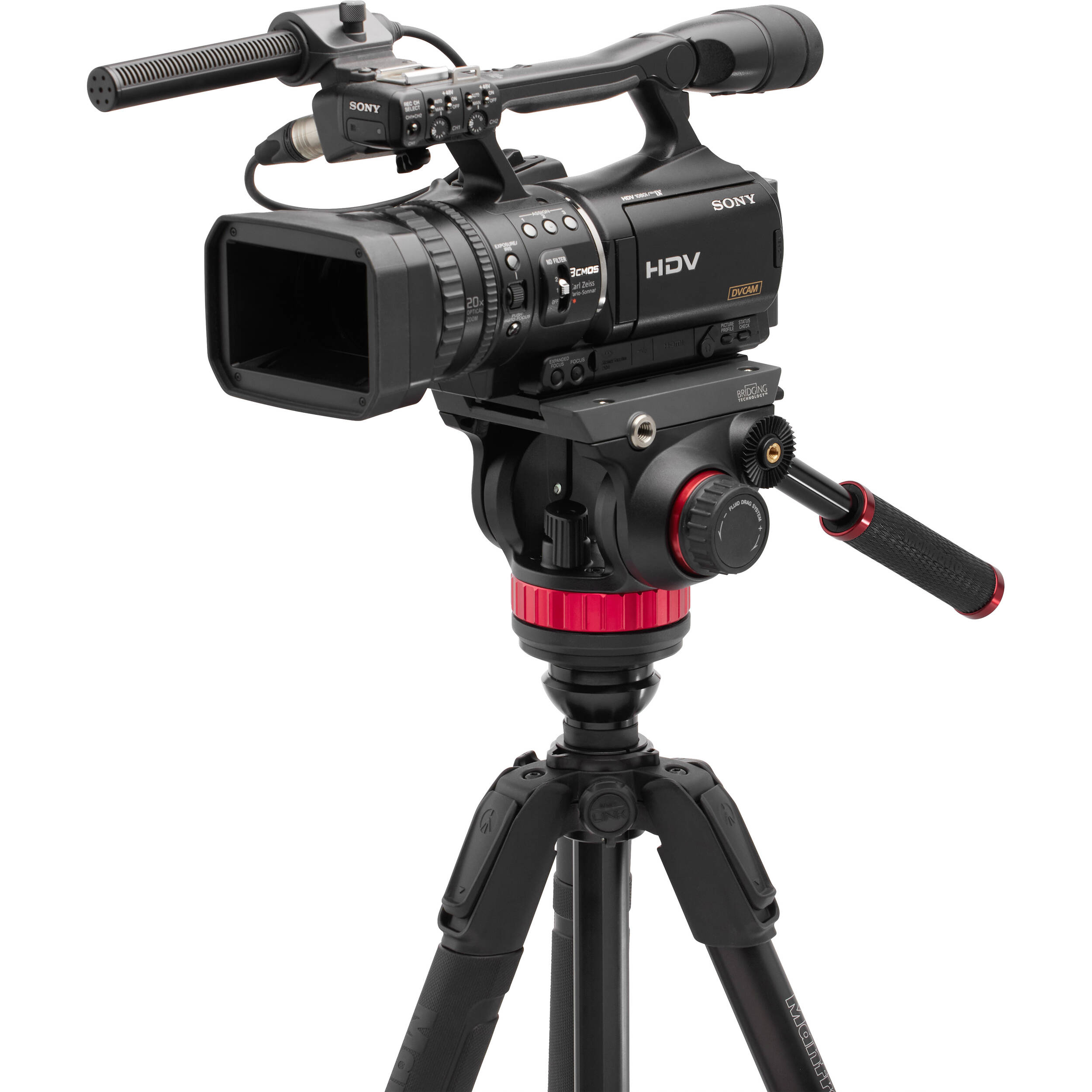 Manfrotto 3-Section 055 Aluminium Video Tripod with 502 Fluid Head, showing tripod legs, fluid head, and accessory mounts.