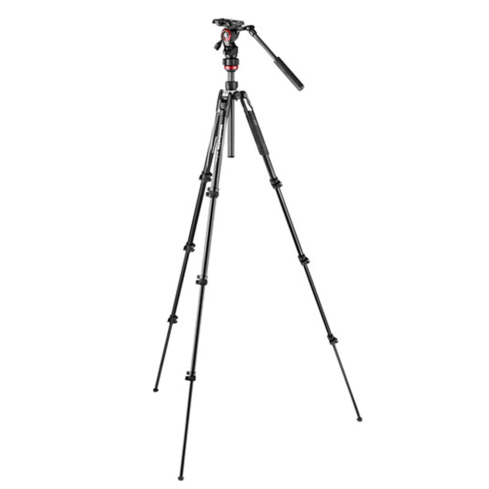 Black camera tripod on a white background