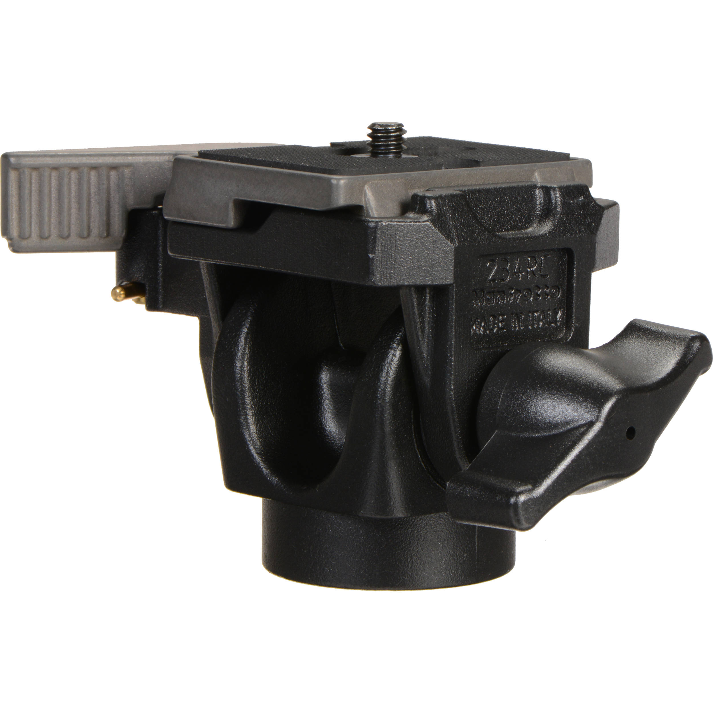 Black camera tripod head on a white background