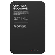 Momax Q.Mag X Gen 2 Magnetic Wireless Battery Pack – 5000mAh portable charger in black, designed for MagSafe-compatible devices with wireless and USB-C charging.