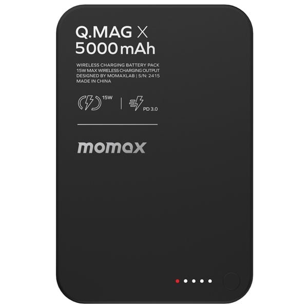 Momax Q.Mag X Gen 2 Magnetic Wireless Battery Pack – 5000mAh portable charger in black, designed for MagSafe-compatible devices with wireless and USB-C charging.